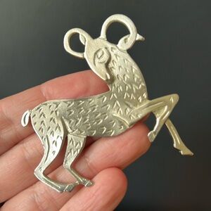 Large Capricorn Brooch Zodiac Artisan Pin Gift Silver Tone Modernist Jewellery
